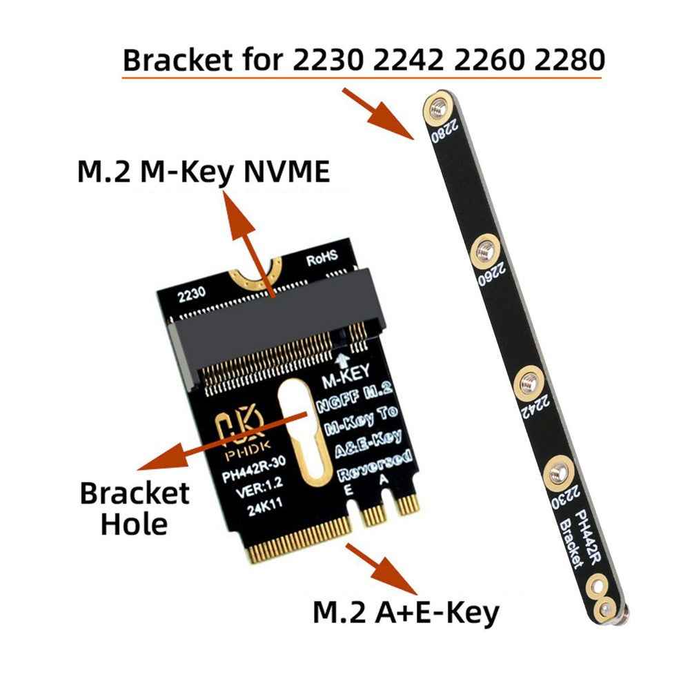 EP-043-BK NGFF A+E-Key Male to NVME M-Key Female Extension Adapter for Laptop Mainboard SSD