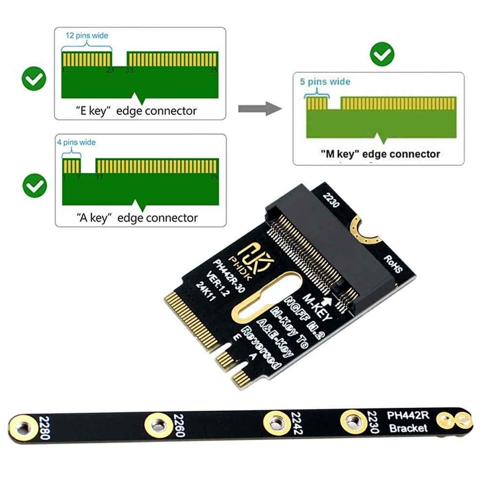 EP-043-BK NGFF A+E-Key Male to NVME M-Key Female Extension Adapter for Laptop Mainboard SSD