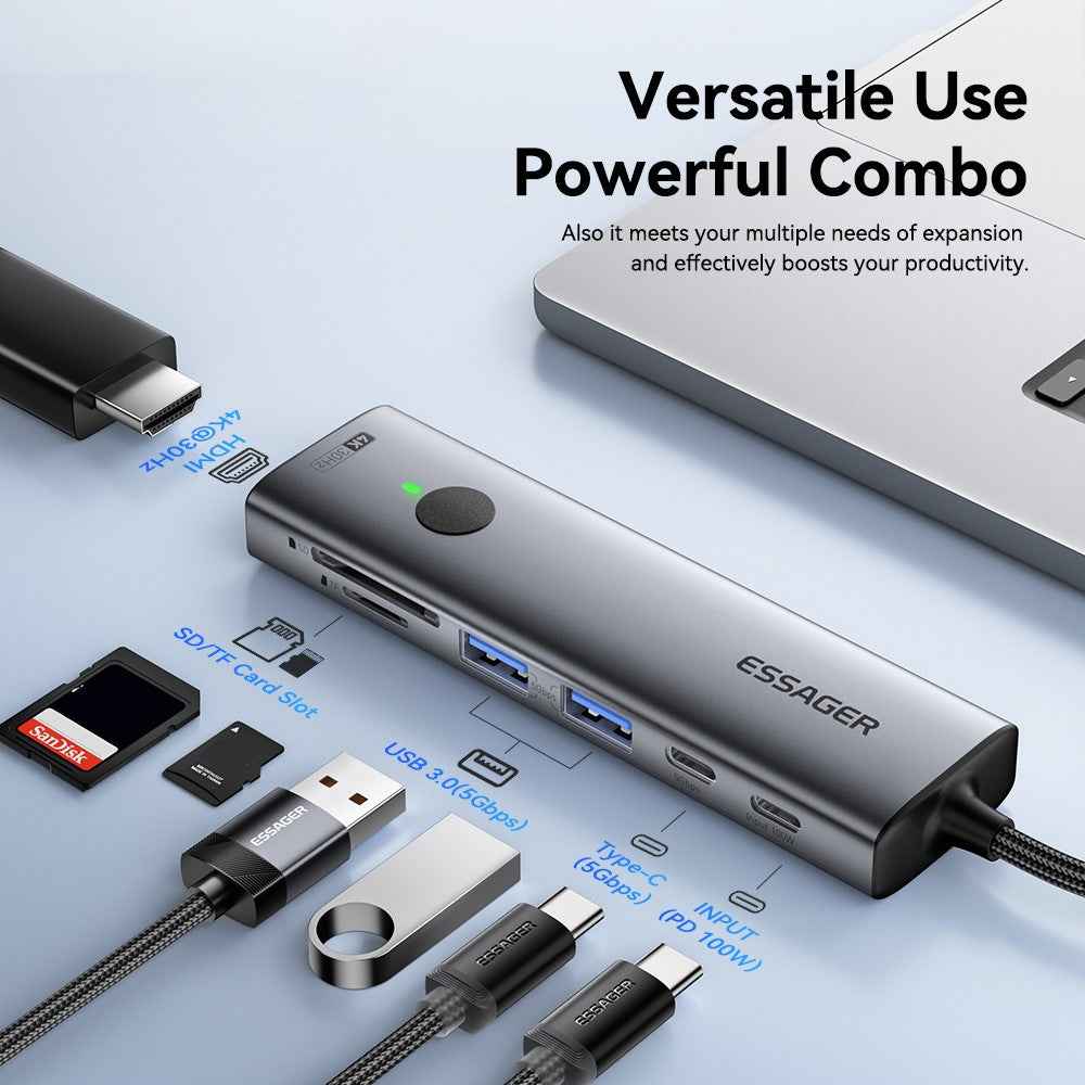 7 In 1 Expansion Hub with 4K 30Hz HDMI / Type C / USB 3.0 / SD TF Card Slot Docking Station