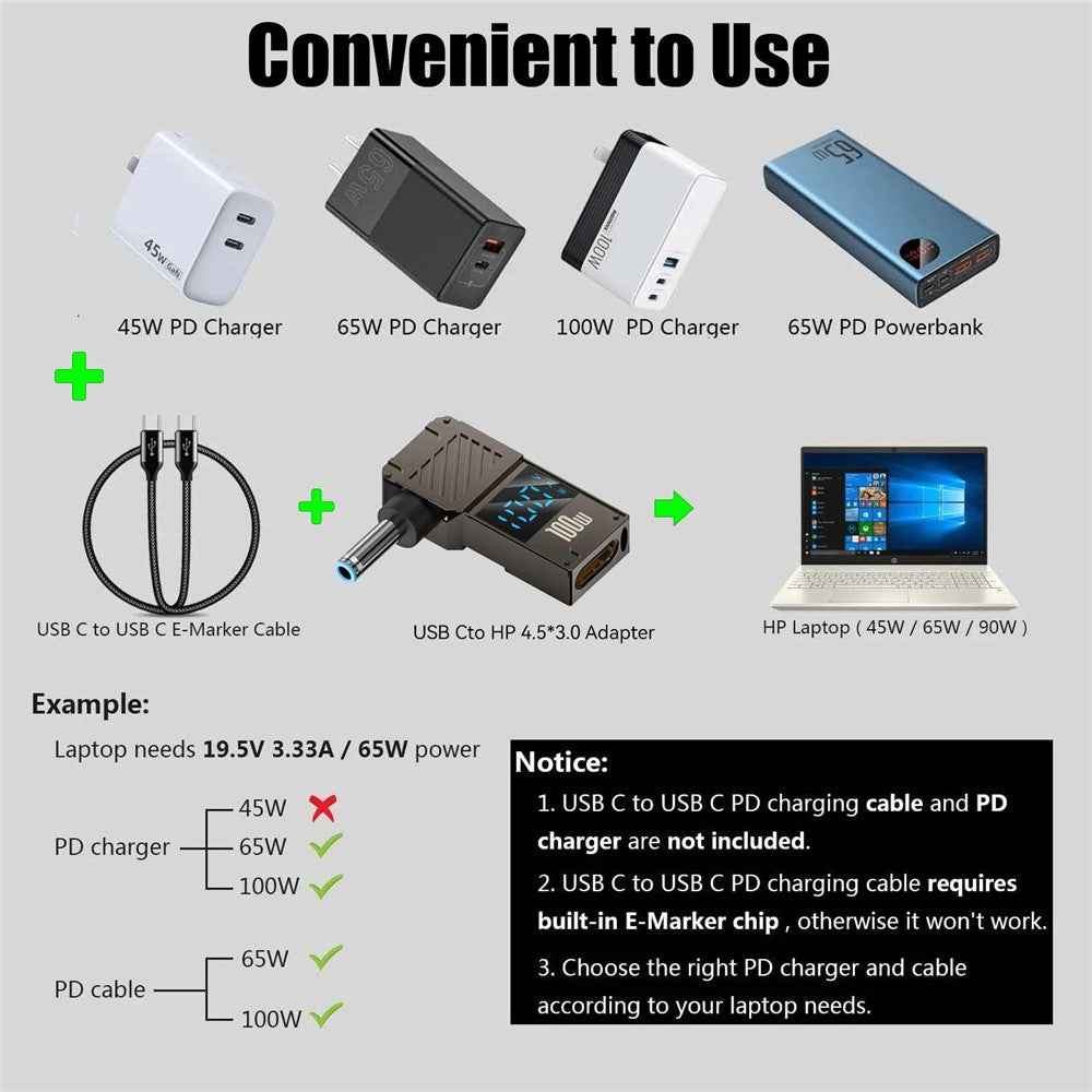 For HP Laptop PD 100W Charging Adapter Type-C to DC 4.5x3.0mm Digital Display Zinc Alloy Converter