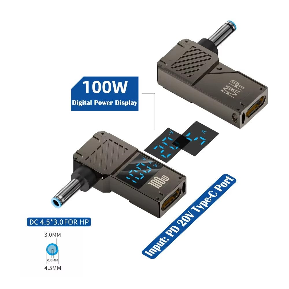 For-HP-Laptop-PD-100W-Charging-Adapter-Type-C-to-DC-4.5x3.0mm-Digital-Display-Zinc-Alloy-Converter