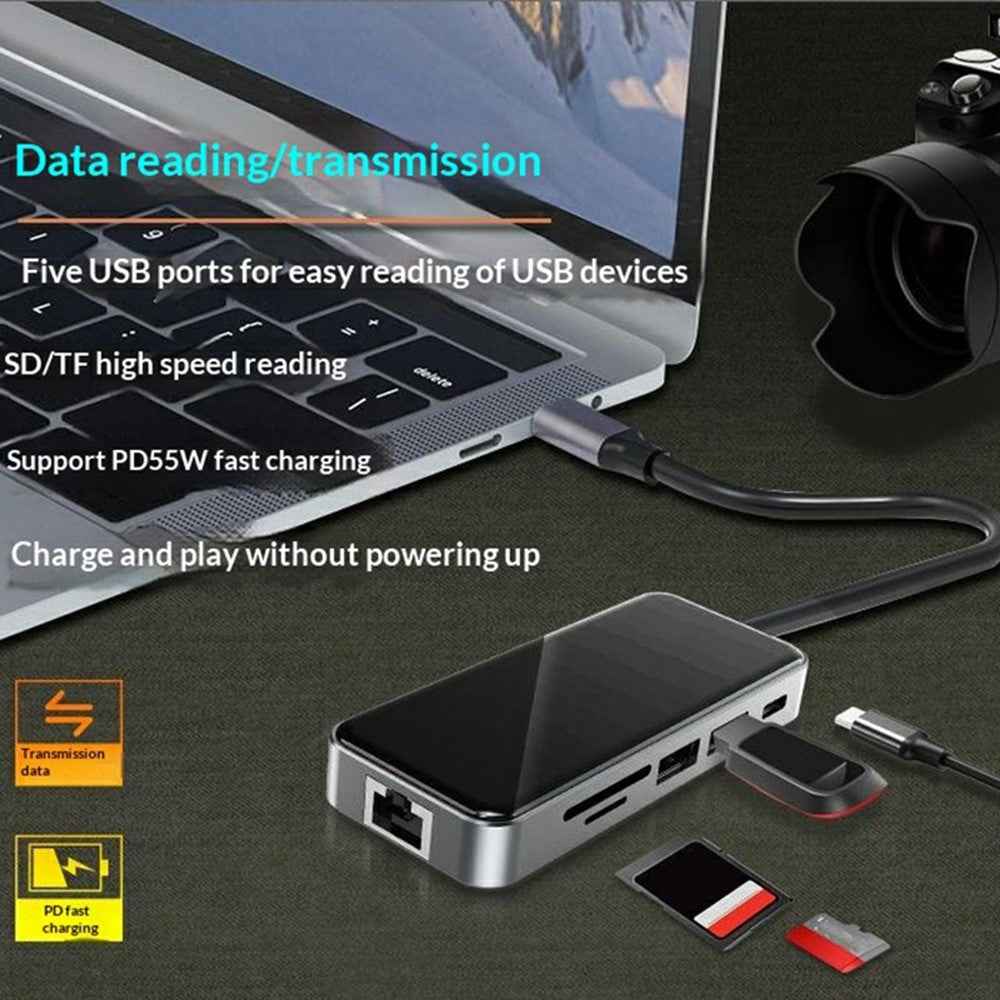 HC-76 10 in 1 USB-C Hub Docking Station with 4K HD RJ45 Ethernet SD TF Card Reader Multi Port Adapter