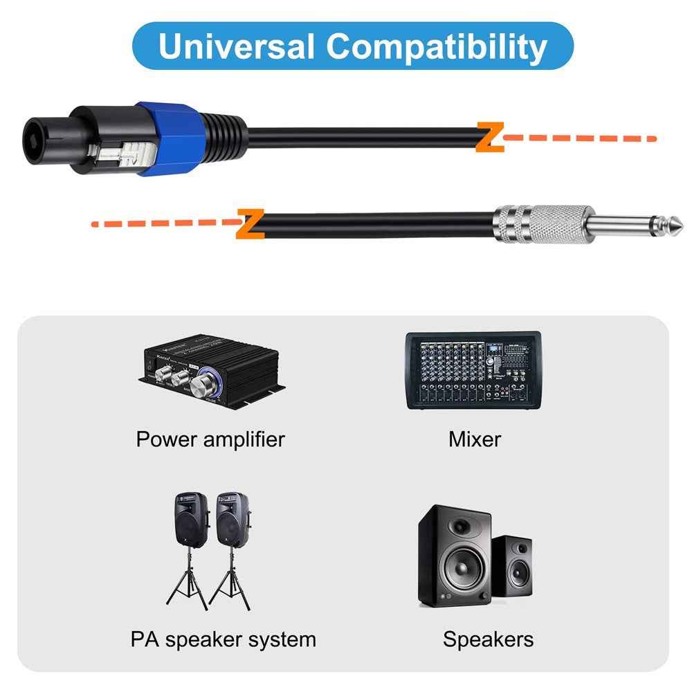 50FT Speakon Male to 6.35mm Male Cable Audio Speaker Connection Cord with Twist Lock