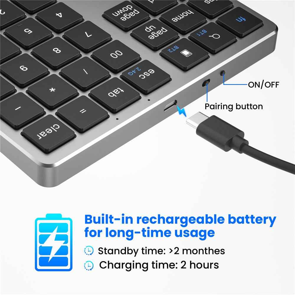 K-35 Bluetooth-compatible Keypad Slim 35-Keys 2.4G+Bluetooth-compatible Dual Mode Keyboard - Black Gray