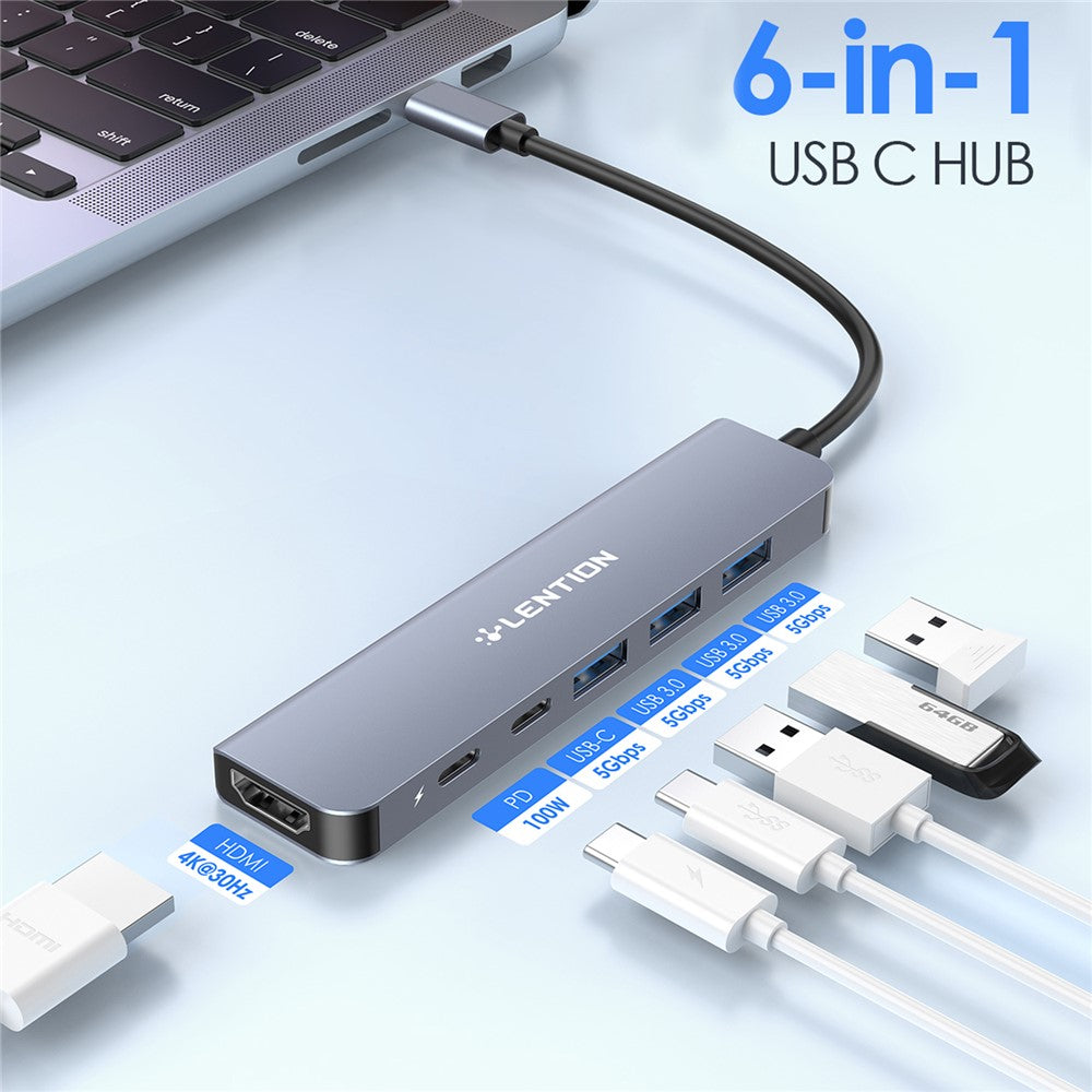 CE35sH-Cloud-Ala-Series-6-in-1-USB-C-Hub-Adapter-USB-C-to-3-USB3.0-+-HD-4K-/-30Hz-+-PD3.0-+-USB-C-Docking-Station-Grey