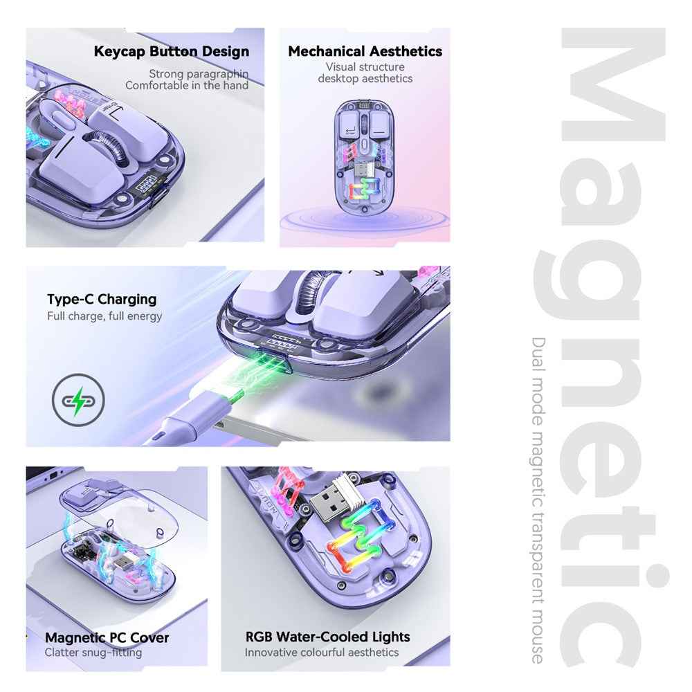 Transparent Wireless Mouse with RGB Light, Dual Mode 2.4G+Bluetooth 5.0 - Pink