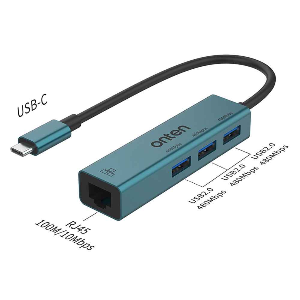 USB-C Hub with RJ45 Ethernet and 3x USB 2.0 Ports, 4-in-1 Adapter