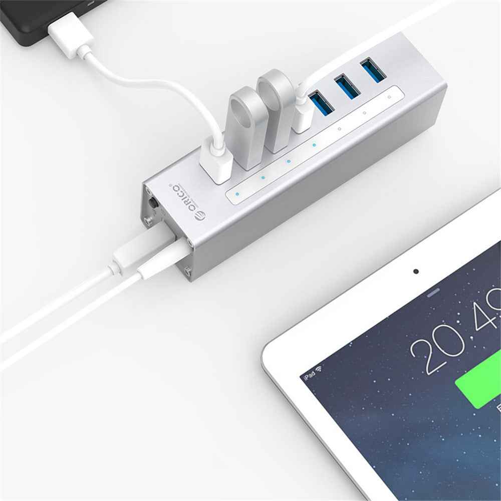 A3H7-SV Aluminum Alloy 7 Port USB3.0 Hub - Silver/EU Plug