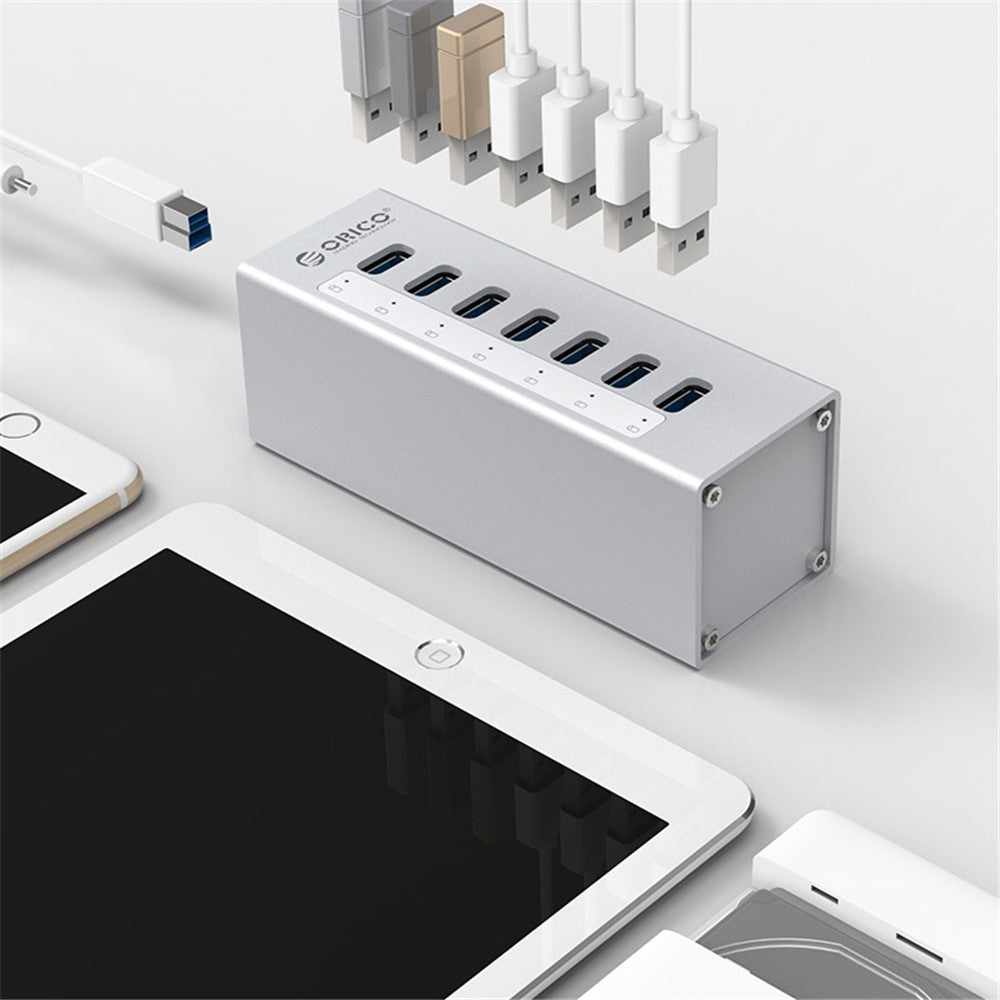 A3H7-SV-Aluminum-Alloy-7-Port-USB3.0-Hub-Silver/EU-Plug