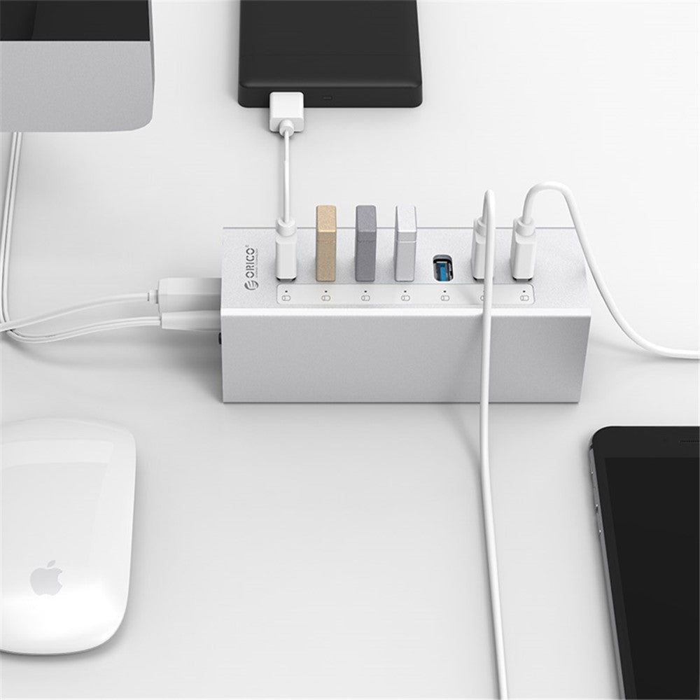 A3H7-SV-Aluminum-Alloy-7-Port-USB3.0-Hub-Silver/EU-Plug