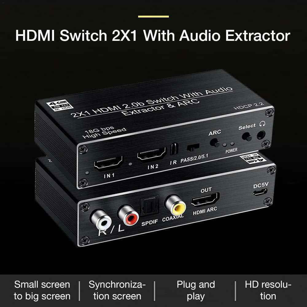 OZV2 HDMI Splitter 2 In 1 Out 4K 60HZ ARC HDCP2.2 HDMI 2.0 Converter Audio Extractor - EU Plug