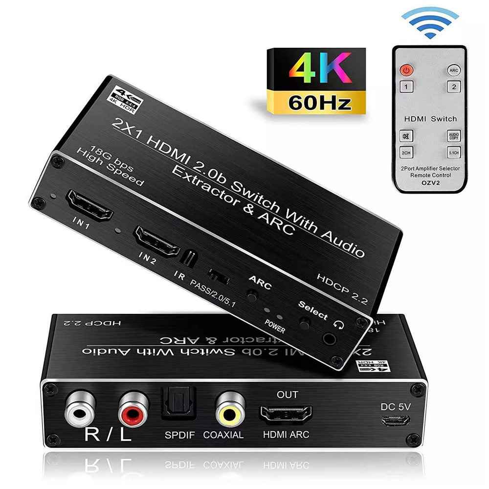 OZV2 HDMI Splitter 2 In 1 Out 4K 60HZ ARC HDCP2.2 HDMI 2.0 Converter Audio Extractor - EU Plug