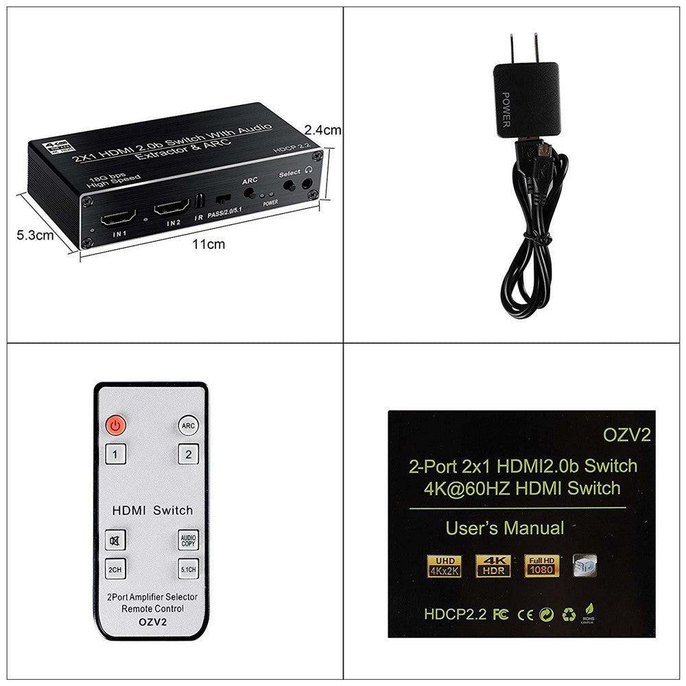 OZV2-HDMI-Splitter-2-In-1-Out-4K-60HZ-ARC-HDCP2.2-HDMI-2.0-Converter-Audio-Extractor-EU-Plug