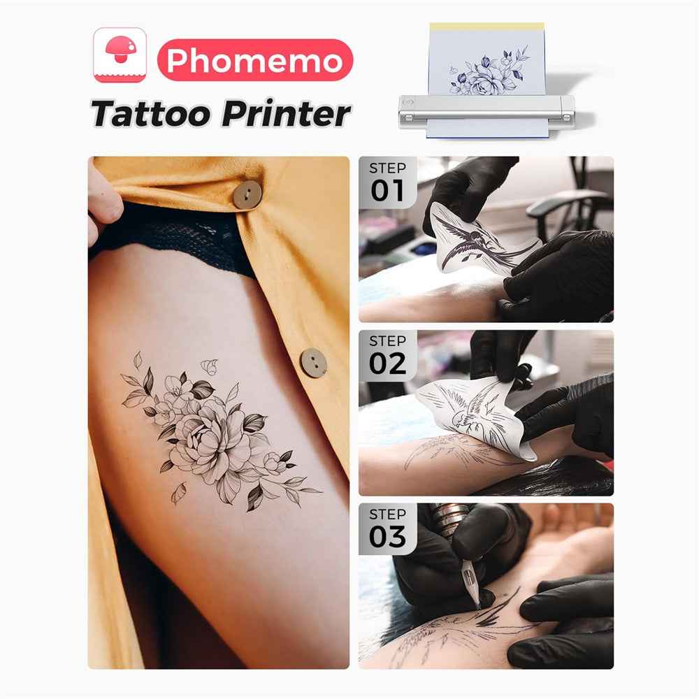 M08F Thermal Printer Portable Bluetooth-compatible Inkless Printer, Tattoo Version / 216mm Print Width - Silver+Black