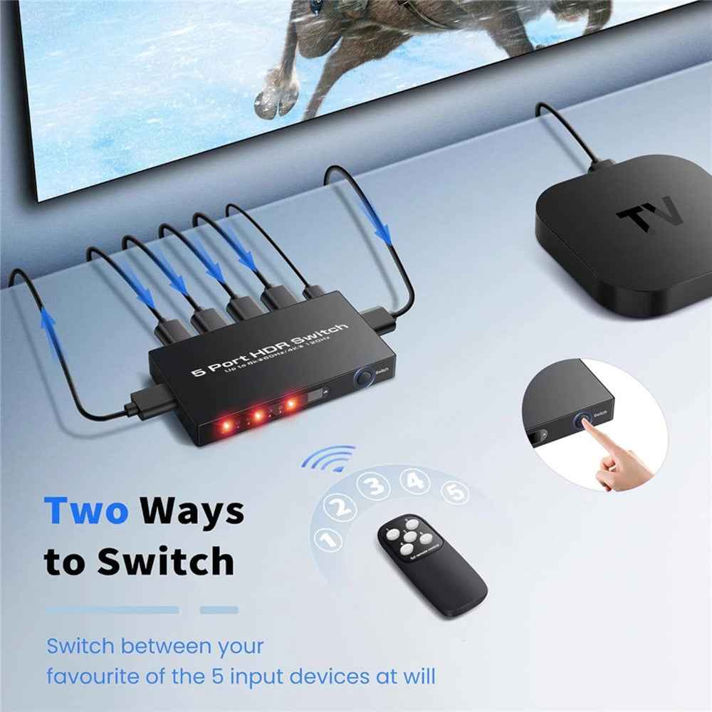 Q8-5 HDMI 2.1 5x1 Switch 8K 60Hz Gaming Video Switcher with Remote Control for Home Theater / Office - EU Plug