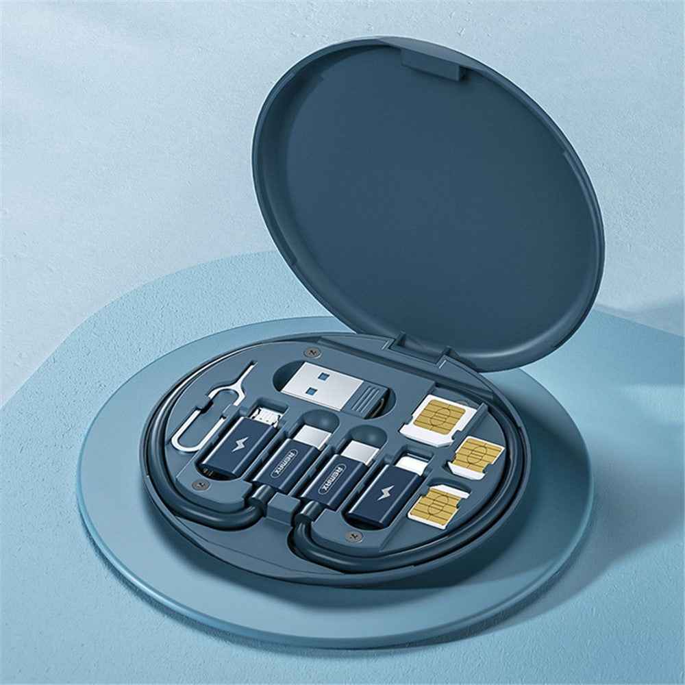 RC-190 Multi-Functional Cable Card Carrying Case with Type-C Cable, Micro-USB / Lightning / USB Adapter Kit Cable Converter Storage Box Support Data Transfer - Blue