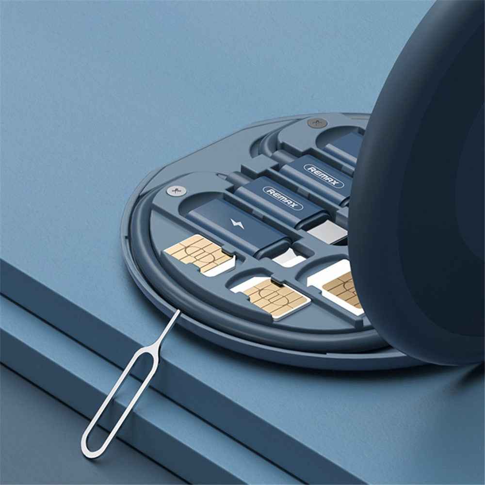 RC-190 Multi-Functional Cable Card Carrying Case with Type-C Cable, Micro-USB / Lightning / USB Adapter Kit Cable Converter Storage Box Support Data Transfer - Blue