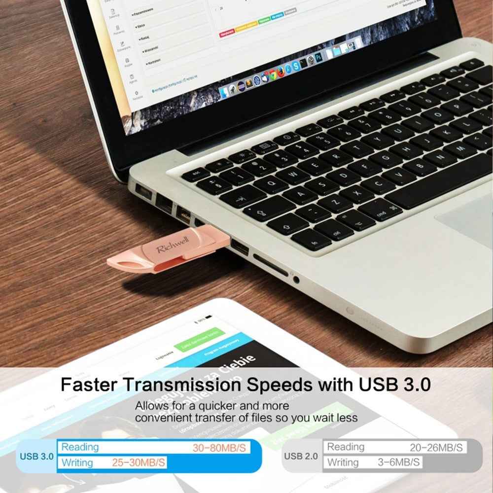 DN-PG31 64GB Portable Memory Stick Flash Drive 3 in 1 Lightning/Micro/USB Swivel U Disk - Pink