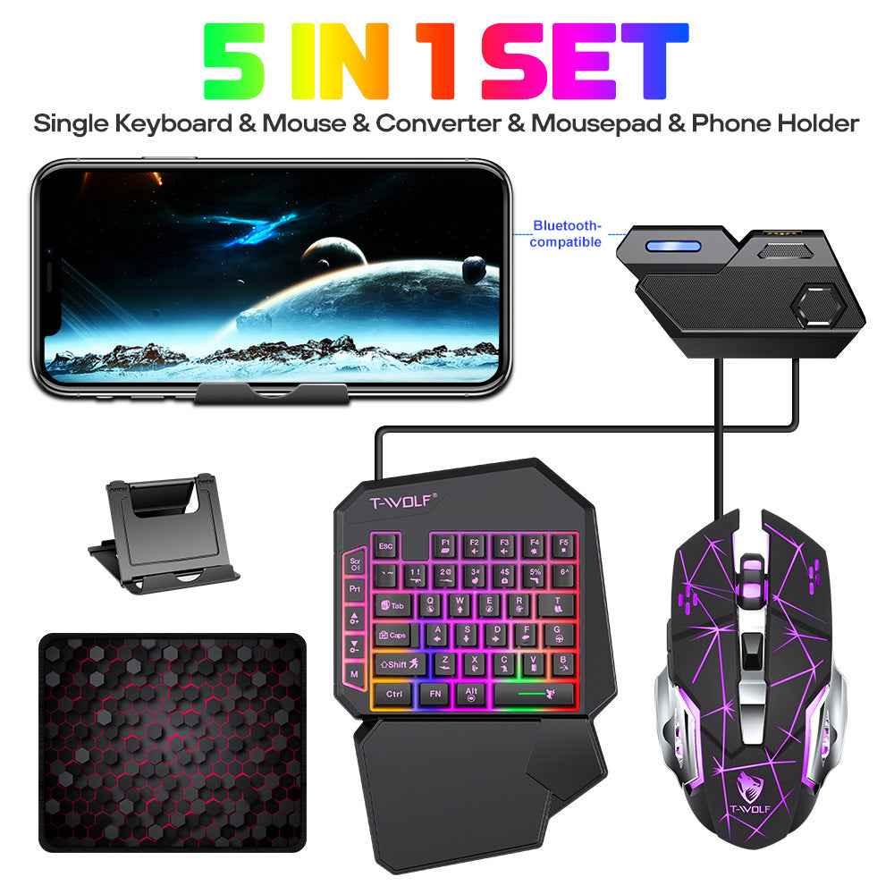 TF950 5PCS Gaming Keyboard Mouse Set Wired 40-Key Keyboard Mouse with Stand and Adapter for Android Phone Tablet  - Black