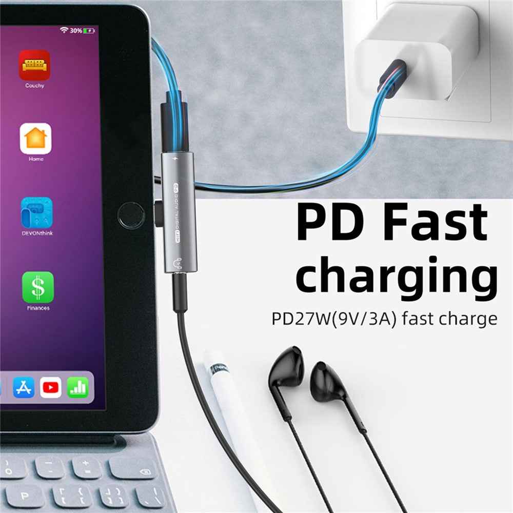 Type-C Male to Type-C + 3.5mm Female Jack Converter PD 27W Charging Earphone Audio Adapter for Laptop Tablet Phone - Dark Grey