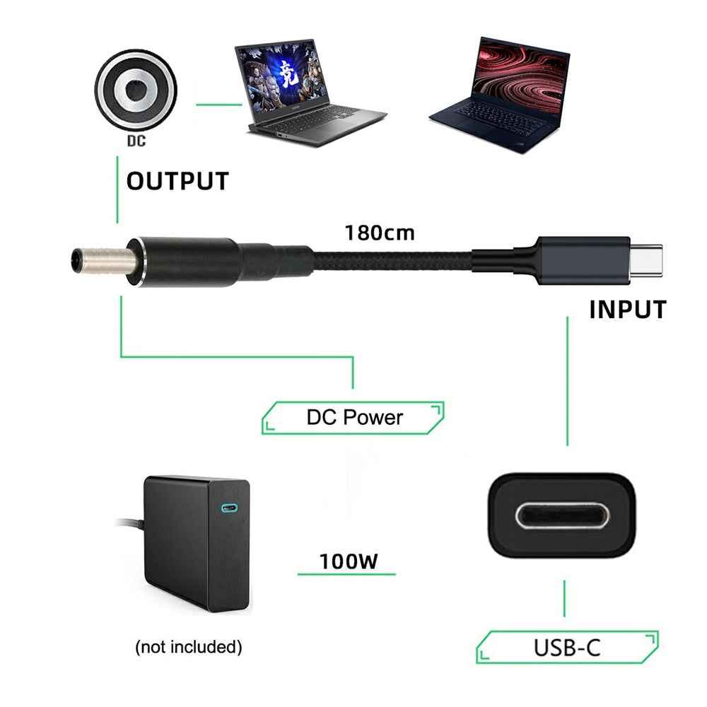 UC-110-4530DE For Dell Laptops 1.8m USB-C to DC 4.5x3.0mm Cable PD 100W Nylon Braid Charging Cord