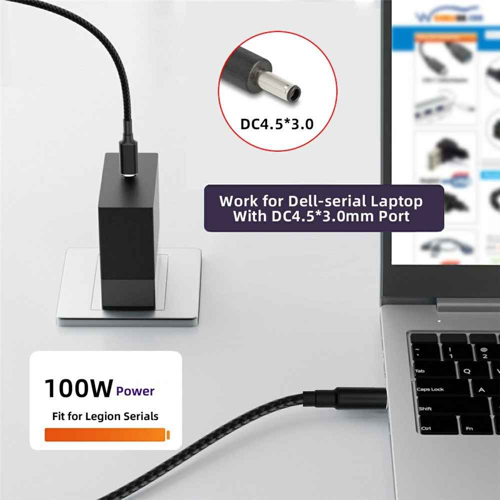 UC-110-4530DE For Dell Laptops 1.8m USB-C to DC 4.5x3.0mm Cable PD 100W Nylon Braid Charging Cord