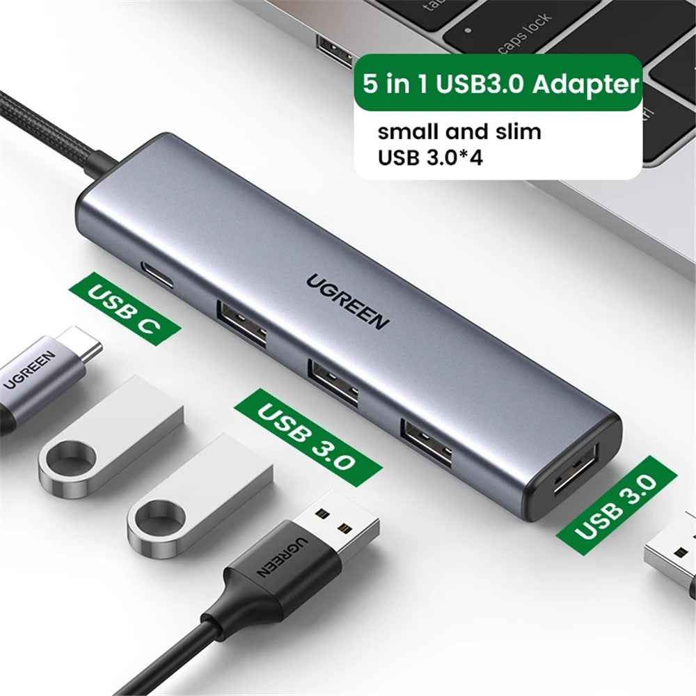 20805 5 in 1 USB to 4-USB + Type C Adapter 5V 2A Multi-Port USB3.0 Hub 5Gbps High-Speed Data Transfer Converter for Laptop, iMac, Surface Pro, XPS, U Disk, HDD