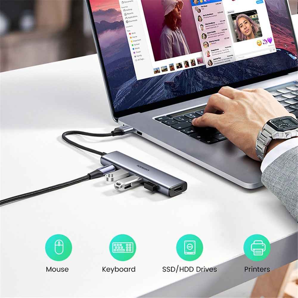 20805 5 in 1 USB to 4-USB + Type C Adapter 5V 2A Multi-Port USB3.0 Hub 5Gbps High-Speed Data Transfer Converter for Laptop, iMac, Surface Pro, XPS, U Disk, HDD