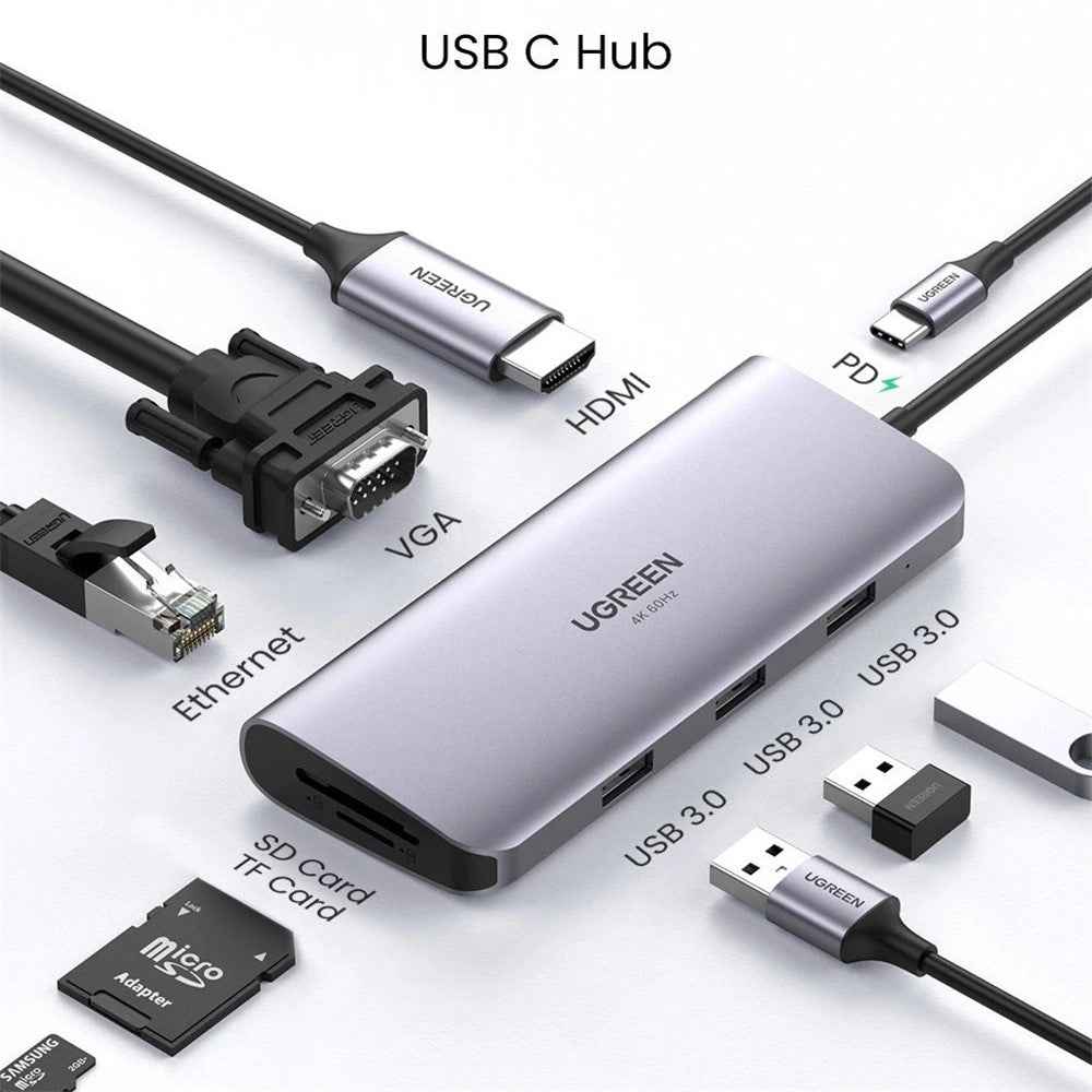 9 in 1 USB C HUB Type C to Multi USB 3.0 100W PD HDMI 4K VGA TF/SD RJ45 Ethernet Adapter Docking Station