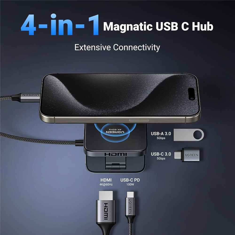 USB C 4-in-1 Foldable Hub 4K 60Hz HDMI PD 100W USB 3.0 Docking Station For iPhone 15  /  16 Android Laptops