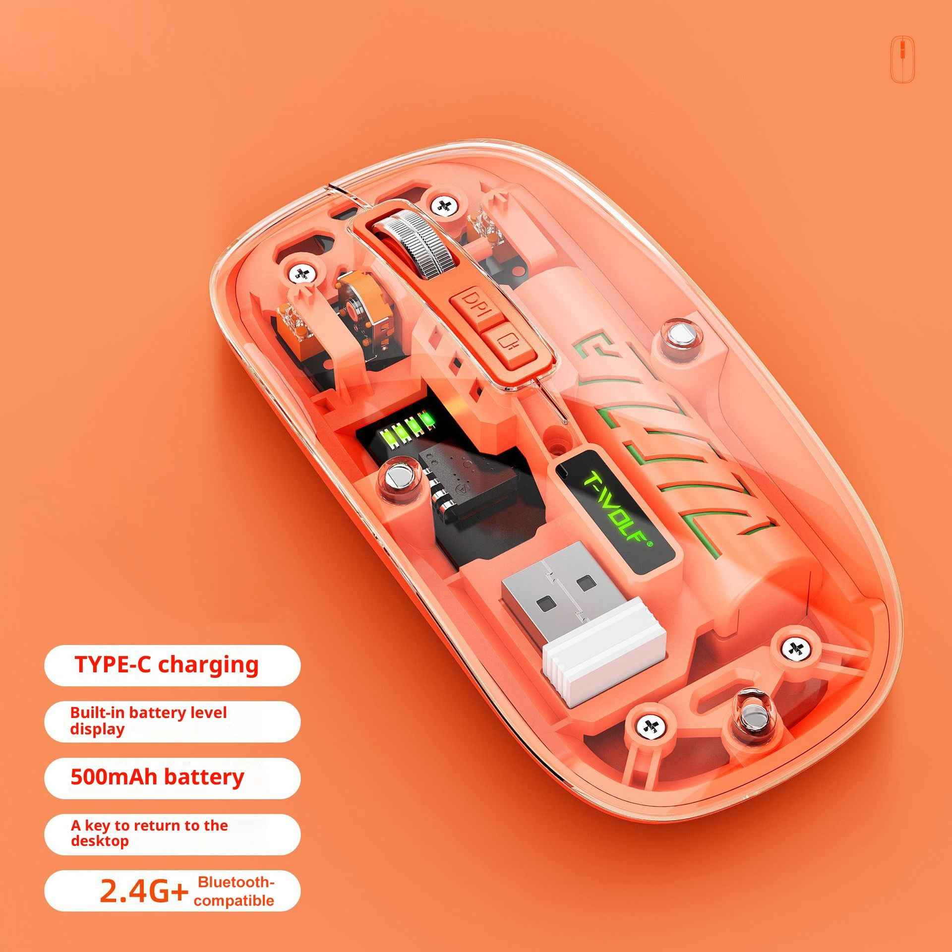 X11 Bluetooth-compatible Wireless Mouse Rechargeable Silent Dual Mode Office Mouse for PC Desktop - Transparent Orange