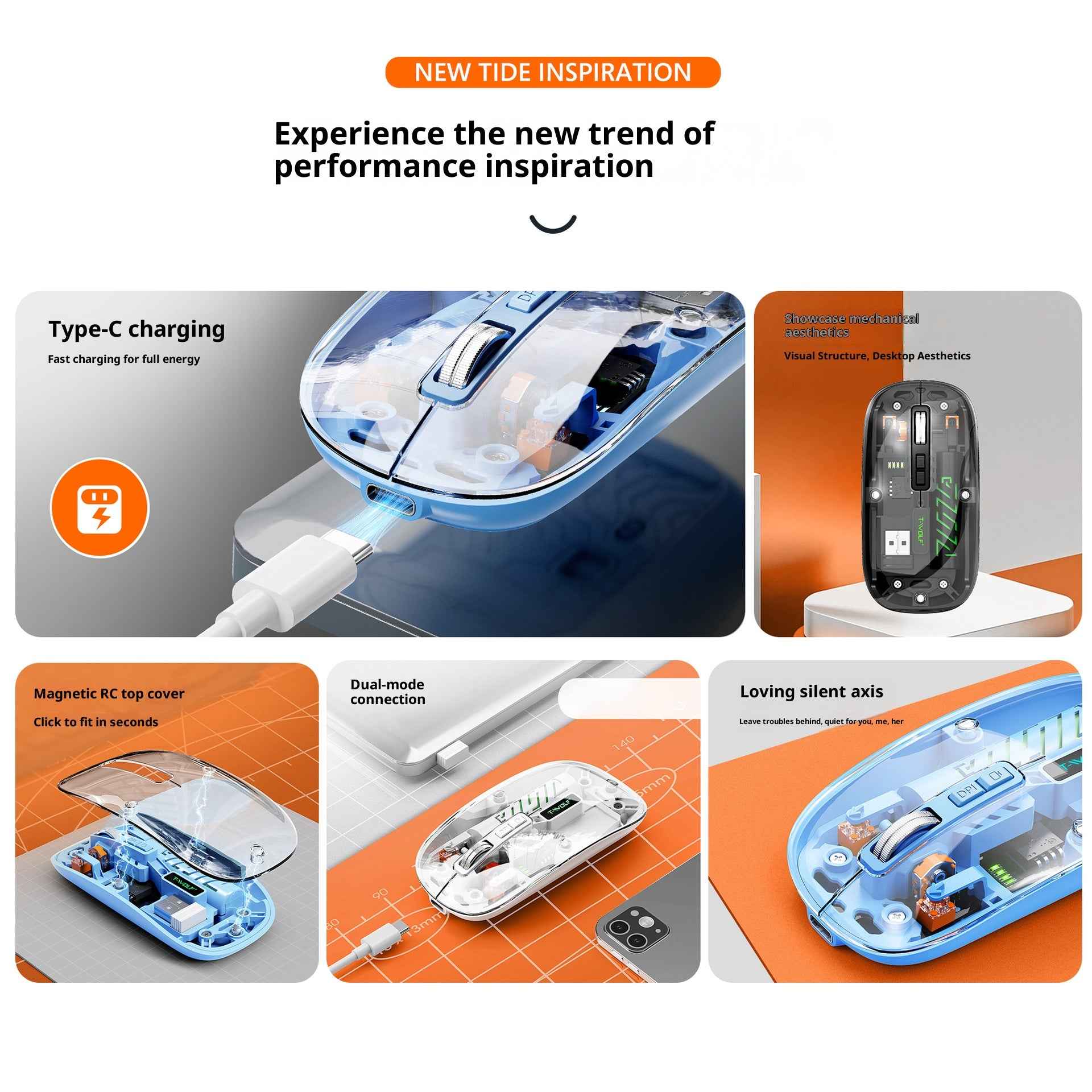 X11 Bluetooth-compatible Wireless Mouse Rechargeable Silent Dual Mode Office Mouse for PC Desktop - Transparent Orange