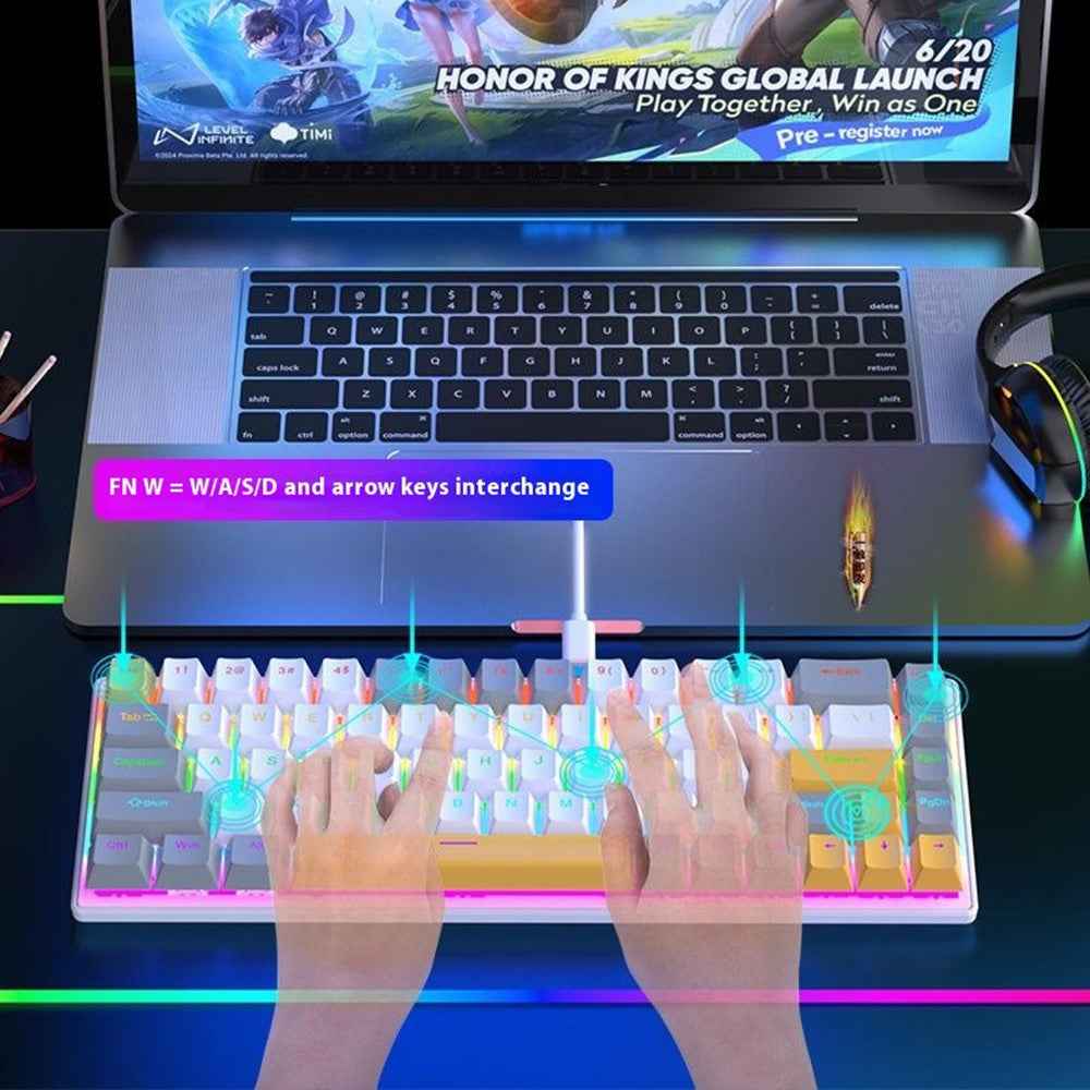 K68 Color Splicing Wired Keyboard 68-Key RGB Backlit Computer Office Gaming Keyboard - White+Blue