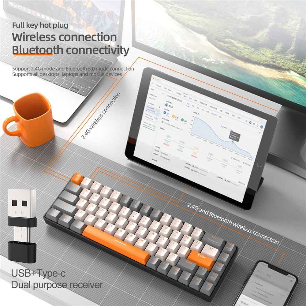 K68 Wireless Mechanical Keyboard 2.4G / Bluetooth-compatible Dual Mode 68-Key Keyboard - Glimmer+Red Switch